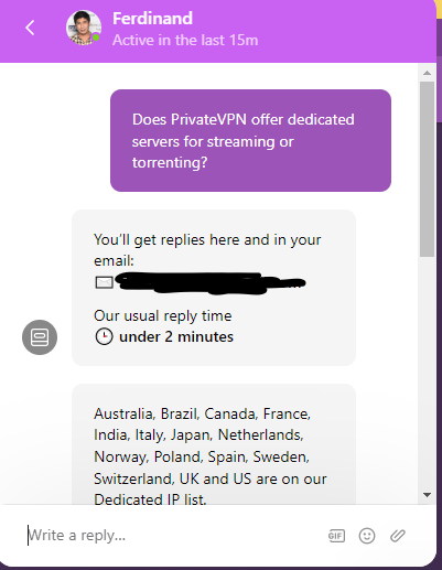 chat with customer support of PrivateVPN