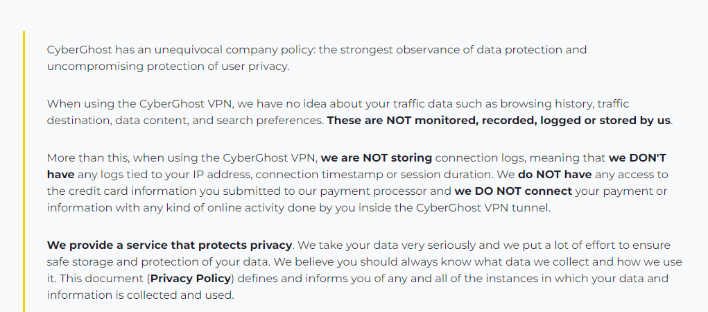 Cyberghost VPN data logging policy information