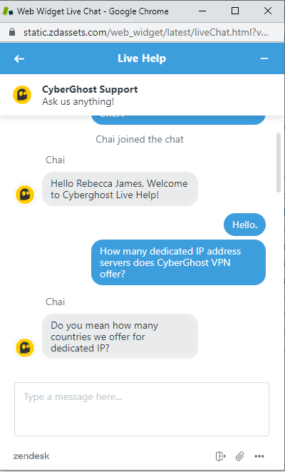chat with the customer support of Cyberghost VPN