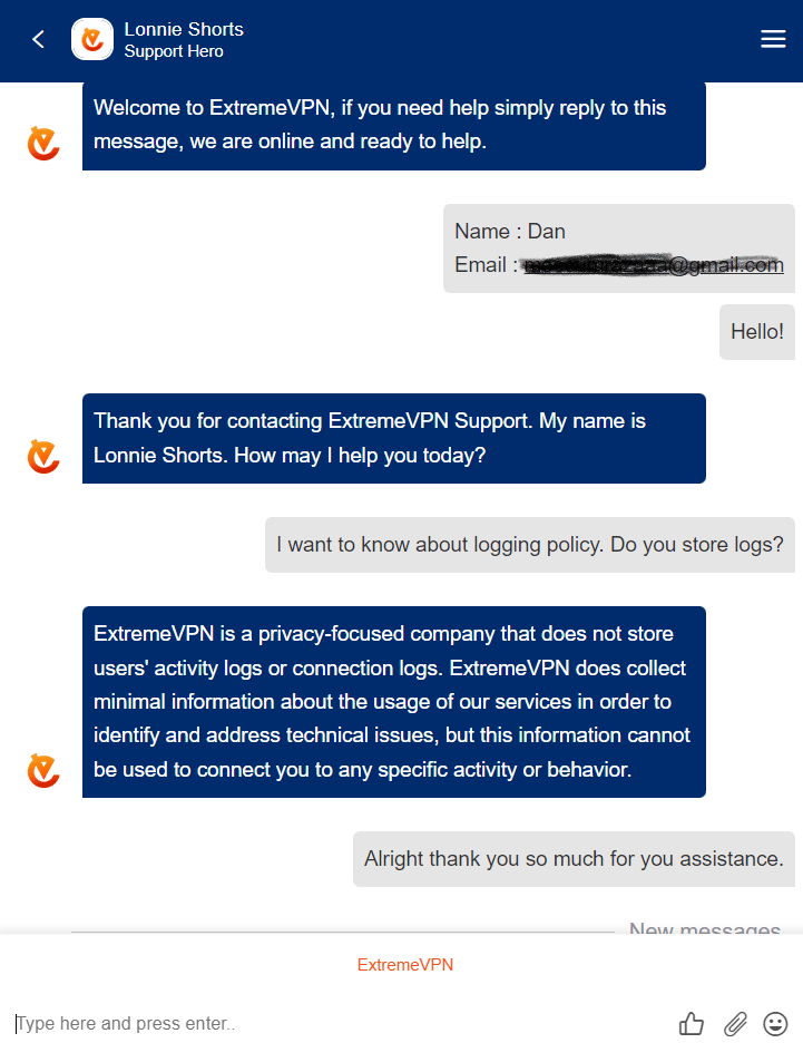 ExtremeVPN's customer support