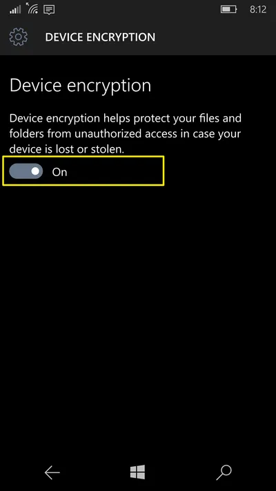 device encryption windows 10 mobile