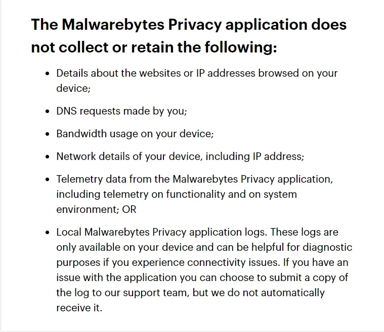 Malwarebytes VPN no-logs policy