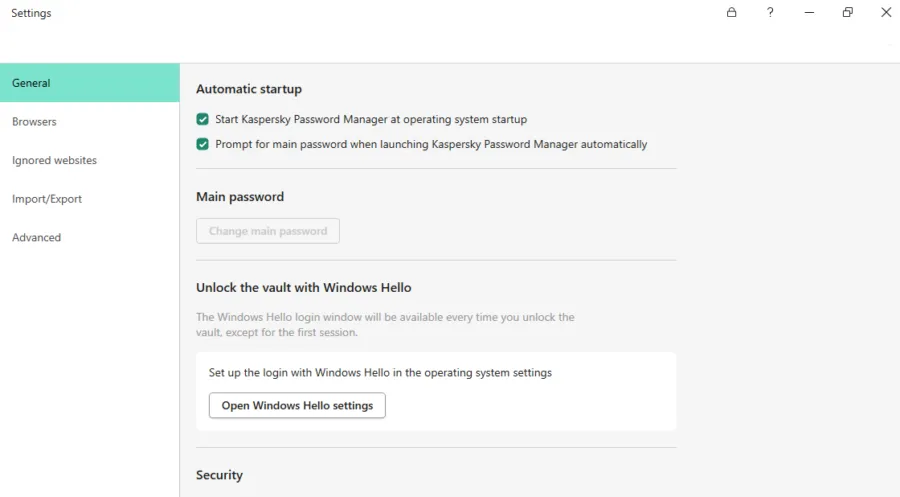 Kaspersky Password Manage Settings