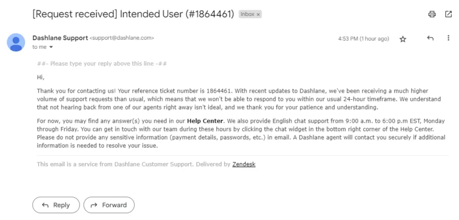 Dashlane Password Manager receive an automated email