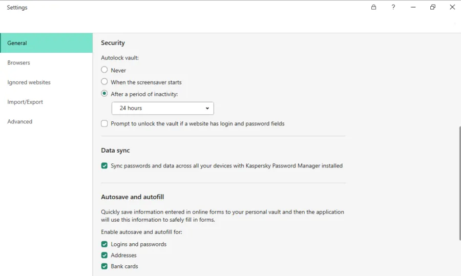 Kaspersky Password Manage settings