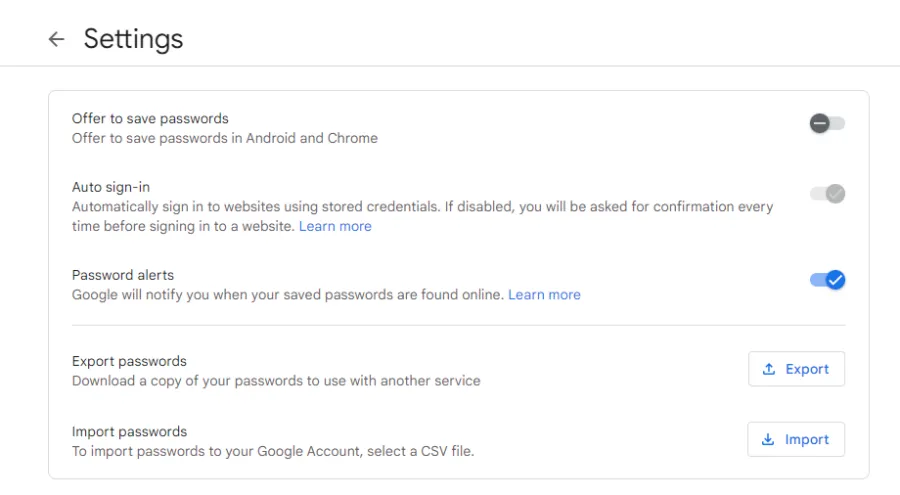 Chrome Password Manager Settings